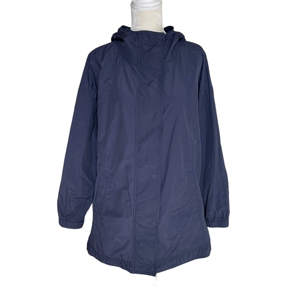 Eileen Fisher Women’s Lightweight Rain Jacket Blue Hooded Zip Snap Pockes